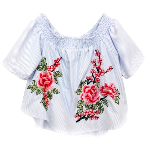 SEEK THE LABEL Rum Stripe Floral Off The Shoulder Crop Blouse Blue Women's Small - Picture 1 of 12